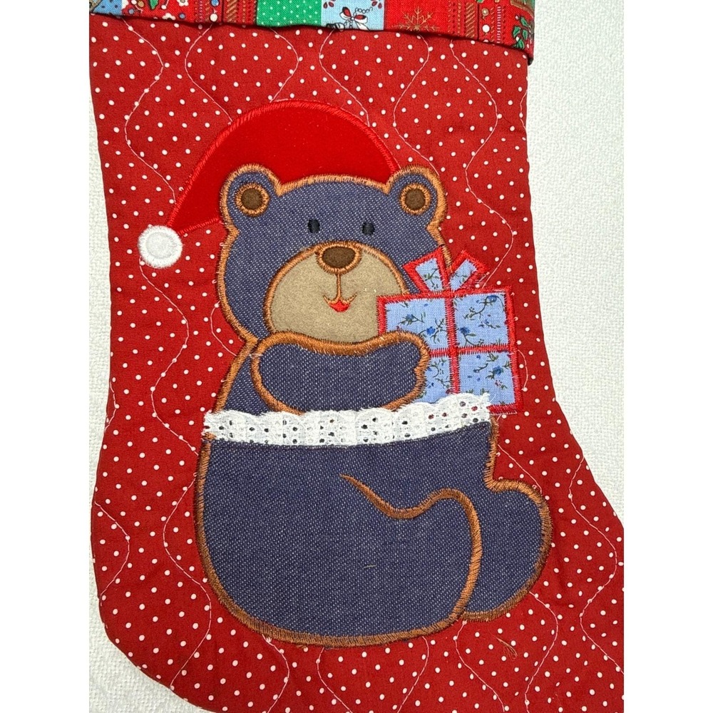 Vintage Handmade Christmas Stocking Red Polka Dot Bear Santa Hat Gift Appliqué
